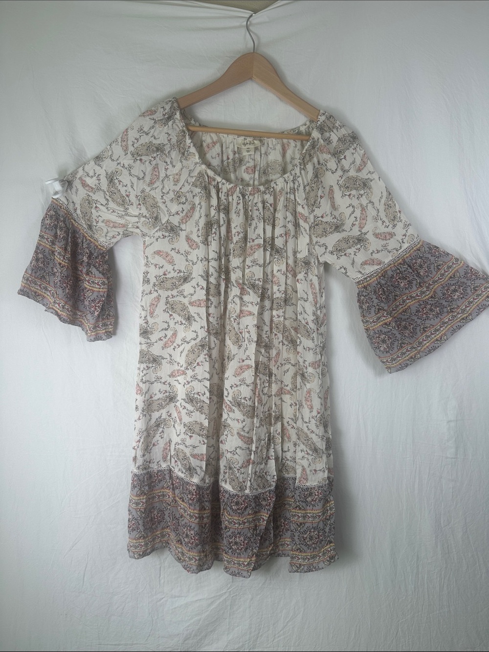 Style & Co. Cream Floral Boho Long-Sleeve Dress with Printed Bell Sleeves